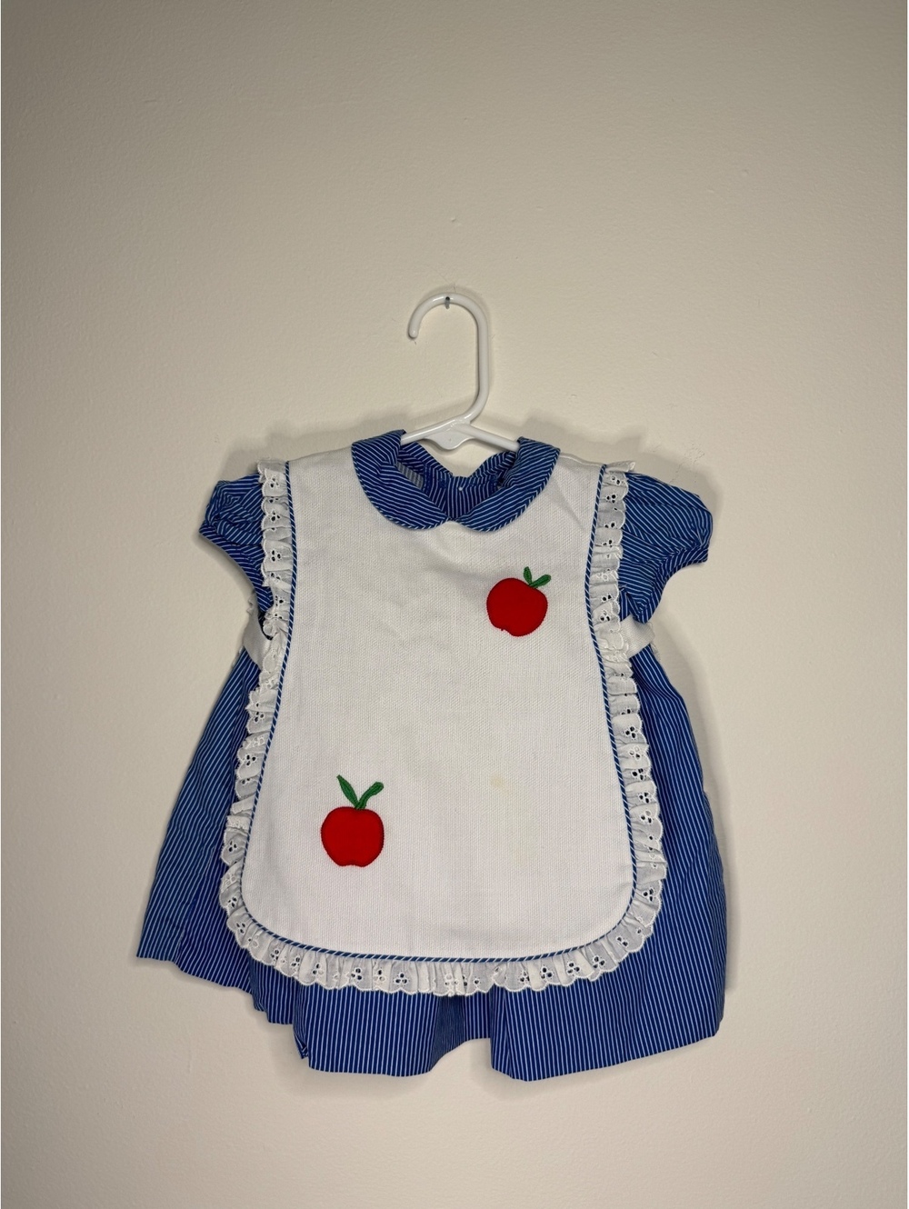 Vintage Jayne Copeland Baby Girl Apple Pinafore Dress Blue Stripe
